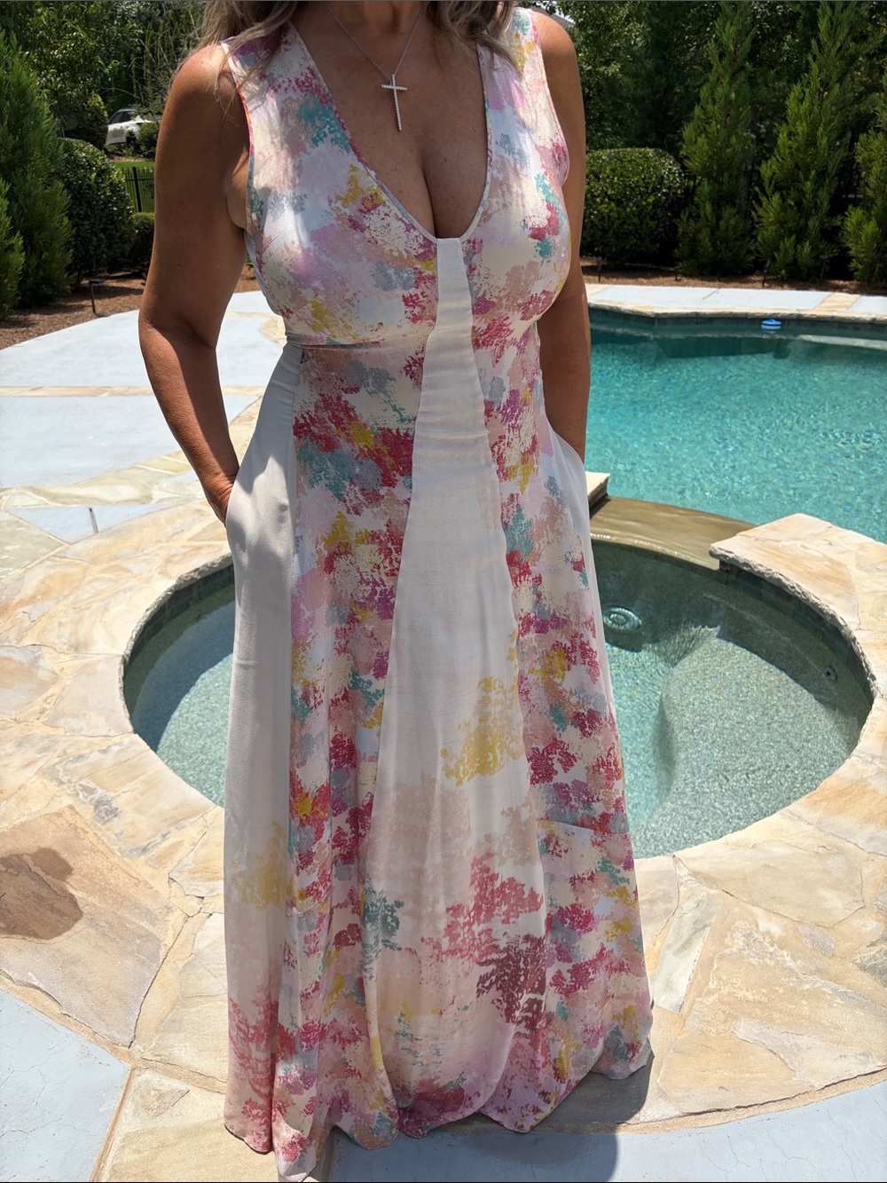 BCBGMaxAzria Sleeveless Floral Wash Maxi Dress in White, Pink, Yellow & Teal